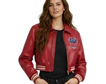 Handmade Women Red Cropped Leather Jacket Vintage Biker Style Fashion Coat