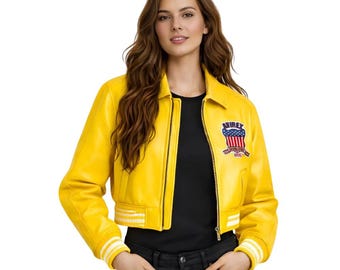 Handmade Women Yellow Cropped Leather Jacket Vintage Biker Style Fashion Coat