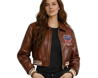 Handmade Women’s Brown Leather Cropped Bomber Jacket Avirex Style Varsity