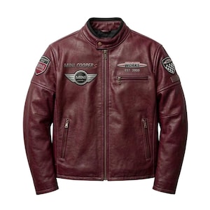 Handmade Maroon Racing Leather Jacket Mini Cooper Moto Biker Coat