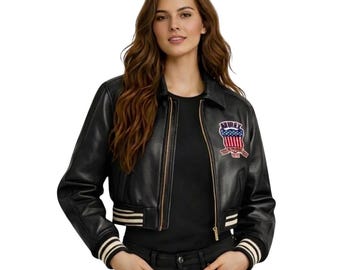 Handmade Women Black Cropped Leather Jacket Vintage Biker Style Fashion Coat
