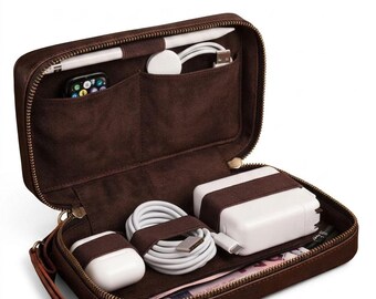 Estuche organizador de cuero hecho a mano para dispositivos electrónicos, estuche de almacenamiento para cargadores de cables de viaje y otros accesorios.