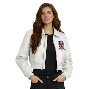 Handmade Women’s White Leather Cropped Bomber Jacket Avirex Style Varsity image 1