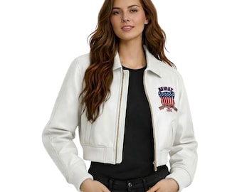 Handmade Women’s White Leather Cropped Bomber Jacket Avirex Style Varsity