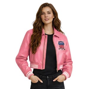 Handmade Women’s Pink Leather Cropped Bomber Jacket Avirex Style Varsity image 1