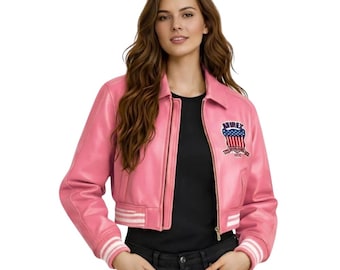 Handmade Women’s Pink Leather Cropped Bomber Jacket Avirex Style Varsity