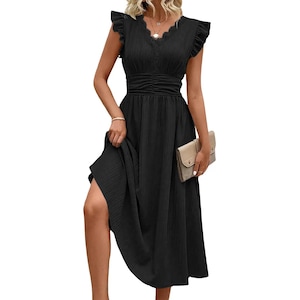 Shewin Women'S Minimalist Basic Ruffled Cap Sleeves V-Neck Scalloped Lace Trim Midi Dress - 35% Polyester Elastane Textured Fabric, Ruched W