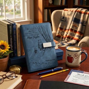 Peut inclure: Un journal en cuir bleu avec une gravure de Winnie l'ourson et le texte 'It makes such a difference said Pooh to be someone who believes in you Miss. Taylor', doté d'un fermoir magnétique argenté et de l'inscription 'Thank you, Tom'.