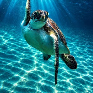 May include: A sea turtle swimming in clear blue ocean water with sunlight filtering from the surface. The turtle has a patterned brown and tan shell with dark spots on its flippers and head, positioned vertically as it moves through the water.