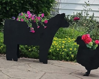 Maceta y jardinera con diseño de vaca de carne, decoración de jardín con temática de granja