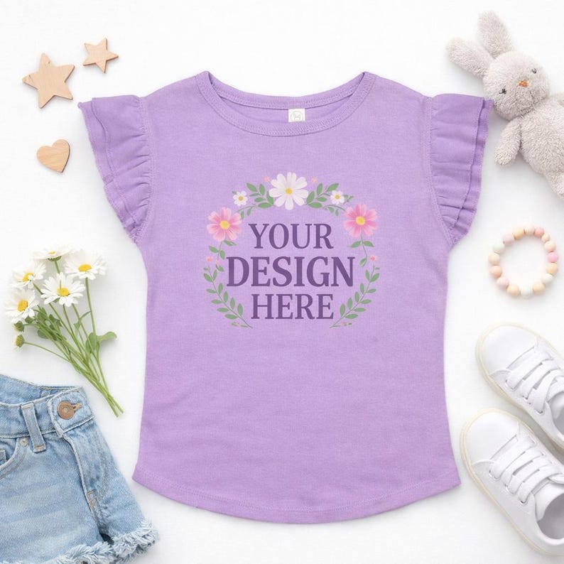 May include: A lilac-colored t-shirt with ruffled sleeves and the text "YOUR DESIGN HERE" inside a floral wreath. The shirt is surrounded by a pair of white sneakers, a stuffed bunny, and wooden shapes.