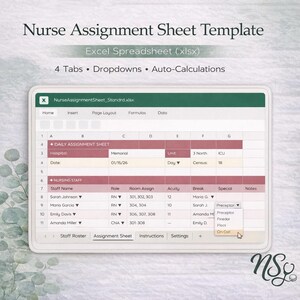 Peut inclure: Un modèle numérique de feuille de répartition des infirmières au format tableur. Le modèle comprend des sections pour les affectations quotidiennes, le personnel infirmier et des menus déroulants. Le texte indique "Nurse Assignment Sheet Template" et "Excel Spreadsheet (xlsx)".