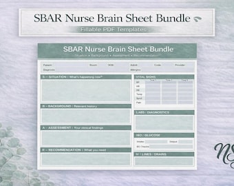 SBAR Nurse Brain Sheet Bundle | Fillable PDF | Nursing Report Sheet | Shift Handoff | Nursing Student | New Grad RN | Brain Sheet Template
