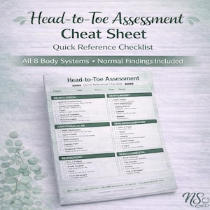 Puede incluir: Una "Hoja de trucos de evaluación de cabeza a pies" blanca con una lista de verificación de referencia rápida. La lista incluye los 8 sistemas corporales y los hallazgos normales. Diseñado para profesionales médicos.