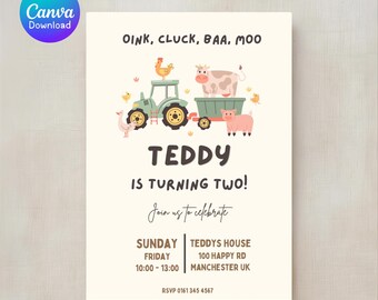 Invitación de cumpleaños número 2 con temática de animales de granja, plantilla editable de Canva para fiesta campestre (descarga digital)