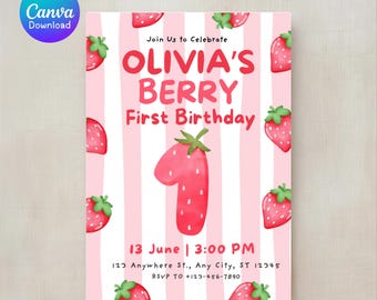 Invitación de primer cumpleaños con temática de fresas / Invitación editable para fiesta de primer cumpleaños con temática de fresas / Descarga digital