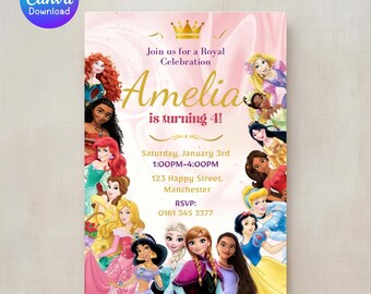 Invitación de cumpleaños de princesa - Fiesta de cuento de hadas, editable en Canva (descarga digital)