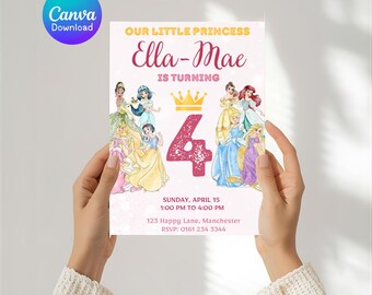 Invitación de cumpleaños de princesa – Tema acuarela, archivo editable en Canva (archivo digital)