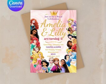 Invitación de cumpleaños de princesas gemelas - Fiesta de cuento de hadas, editable en Canva (descarga digital)