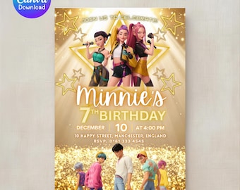 Invitación de cumpleaños estilo K-pop – Estilo anime, color dorado, editable en Canva (descarga digital)