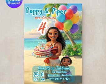 Invitación de cumpleaños para gemelos de Moana - Fiesta para hermanos, temática de princesas (archivo digital)