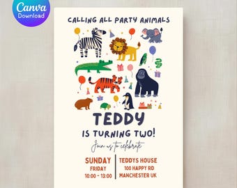 Invitación de cumpleaños con temática de animales de granja, plantilla editable de Canva, invitación para fiestas infantiles (descarga digital)
