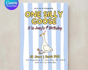 Invitación de primer cumpleaños de un ganso gracioso / Invitación de primer cumpleaños de ganso / Plantilla editable de Canva / Divertida invitación de fiesta de cumpleaños de ganso /
