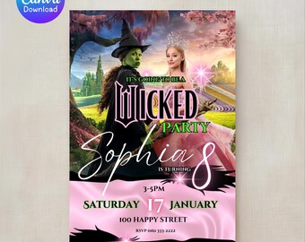 Invitación de cumpleaños inspirada en la película Wicked - Plantilla editable de Canva (digital)