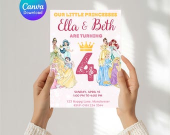 Invitación de cumpleaños para niñas de princesas de cuento de hadas - Descarga editable de Canva - Producto instantáneo - Personaliza tu fiesta