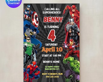 Invitación de cumpleaños de superhéroes, invitación para fiesta de héroes de cómics, plantilla editable de Canva (descarga digital)