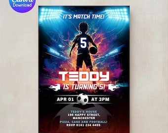 Invitación de cumpleaños de fútbol editable - Plantilla de Canva (Descarga digital 5 x 7 pulgadas)