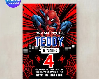 Invitación de cumpleaños de superhéroes - Estilo cómic, temática de Spider-Man (plantilla digital imprimible en Canva de 5 x 7 pulgadas)