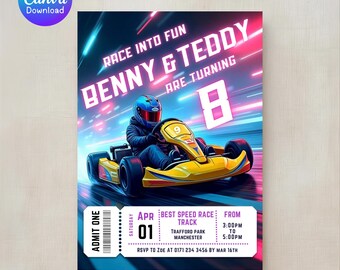 Invitación de cumpleaños con temática de karts - Fiesta de deportes de motor para gemelos (Plantilla digital de Canva, descarga de 5 x 7 pulgadas)
