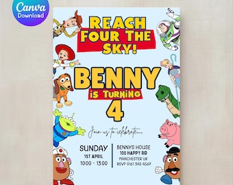 Invitación de cumpleaños número 4 de Toy Story, temática de Woody y Buzz Lightyear, plantilla editable de Canva (descarga digital)