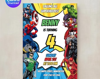 Invitación de cumpleaños de superhéroes de cómic – Plantilla de Canva (archivo digital imprimible de 5 x 7 pulgadas en PDF/JPEG)