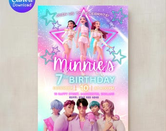 Invitación de cumpleaños de K-Pop Cazador de demonios - Archivo editable de Canva, invitación para fiesta de anime K-Pop, estética rosa, descarga instantánea, para niñas, niños y adolescentes.