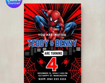 Invitación de cumpleaños de los gemelos araña superhéroes - Estilo cómic, editable en Canva (archivo digital de 5 x 7 pulgadas)