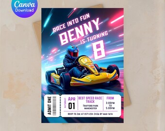 Invitación de cumpleaños con temática de karts - Invitación editable para fiesta de carreras (plantilla de Canva)