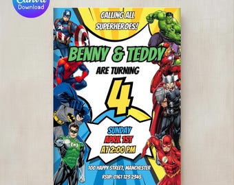 Invitación de cumpleaños para gemelos superhéroes – Fiesta estilo cómic, editable en Canva (imprimible digitalmente)