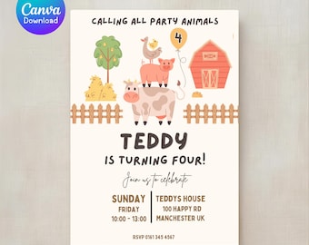 Invitación de cumpleaños con temática de granja, fiesta campestre, plantilla editable de Canva (descarga digital)