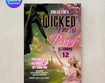 Invitación de cumpleaños de Wicked - Tema de Oz, plantilla editable de Canva (archivo digital de 5 x 7 pulgadas)