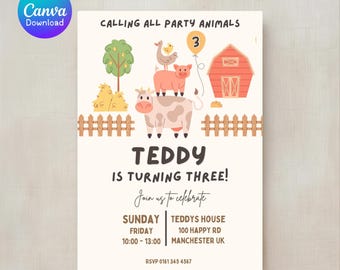Invitación de cumpleaños con temática de granja, fiesta campestre, plantilla editable de Canva (descarga digital)