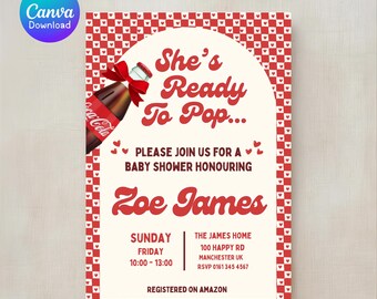 Invitación para baby shower "She's Ready To Pop", plantilla de globo rosa (descarga digital)