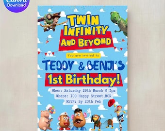 Invitación de cumpleaños para gemelos inspirada en Toy Story – Plantilla de Canva (Descarga digital)