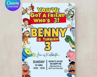 Invitación de cumpleaños número 3 de Toy Story – Plantilla personalizable de Canva (Descarga digital)