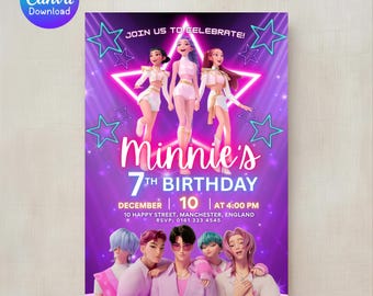 Invitación de cumpleaños K-pop – 7º cumpleaños de Minnie, invitación a fiesta de anime (descarga en Canva)
