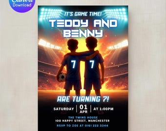 Invitación de cumpleaños para gemelos con temática de fútbol (editable) - Plantilla de Canva (descarga digital de 5 x 7 pulgadas)