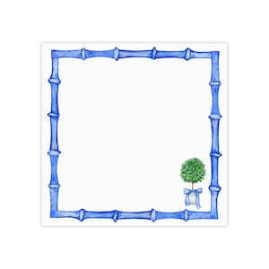 May include: Square white card with a blue bamboo-style border. A small green topiary in a white pot with a blue bow is in the lower right corner. The design is a watercolor illustration.