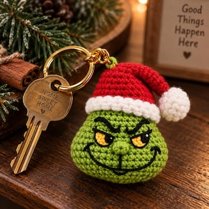 Mischievous Grinch Christmas Keychain Handmade Crochet Amigurumi Bag Charm Holiday Stocking Stuffer Gift