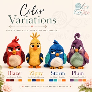 Grumpy Bird Gang Virkmönster 4 Amigurumi Fågelmönster Färgglada Virkade Djur Digital PDF Rolig Fågelpresent